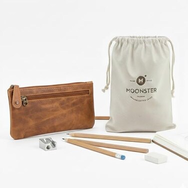 moonster Leather Pencil Case Pouch Handcrafted 8 x 4 Leather Pen Case with Zipper Pencil Cases for Adults with Side Pocket Pencil Pouch Zippered Pen Bag Light Brown
