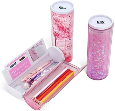 NBX NewmeBox Multifunctional Pencil Case with Quicksand Calculator Mirror Clear Pen Box Pouch Cute Desk Organizer Standing cylinder Shape for Girls Boys School SuppliesSakura forest