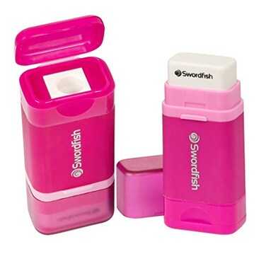 Swordfish Combo Pencil Sharpener with MessFree Canister and Eraser Pack of 1 Pink 40365