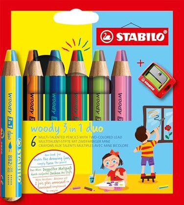 STABILO woody 3in1 duo MultiTalented Pencil Pack of 6 Assorted colors with Sharpener