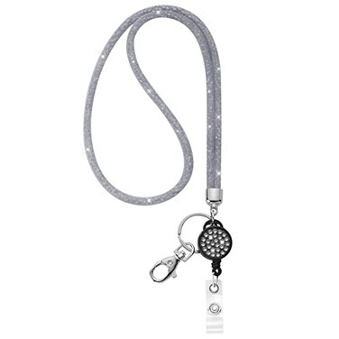 SAVORI ID Card Lanyard 329 Breakaway Safety Clasp Rhinestone Lanyards Crystal ID Card Holder Grey Retractable Badge