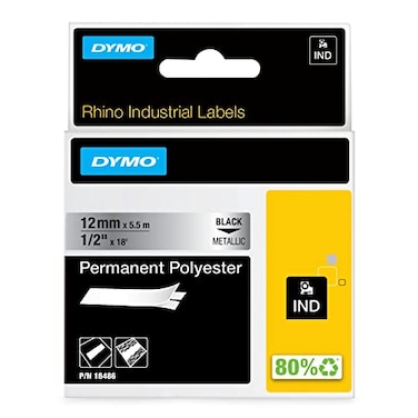 DYMO Rhino Industrial Permanent Polyester Labels 12 Black Print on Metallic Tape