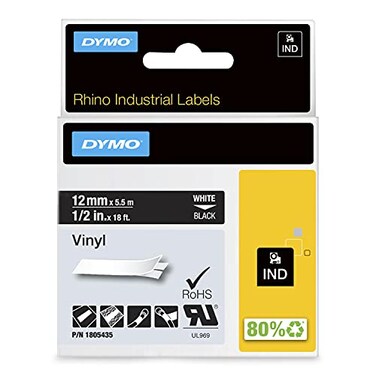 DYMO Rhino Industrial Vinyl Labels 12 White Print on Black Tape
