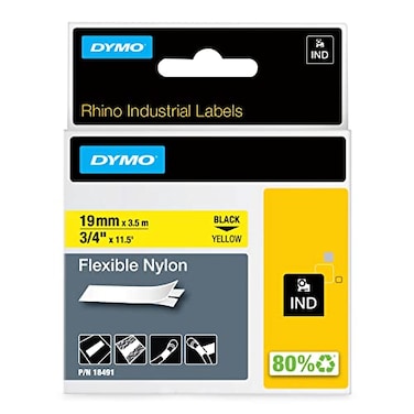 DYMO Rhino Industrial Flexible Nylon Labels 34 x 115 Black Print on Yellow Tape