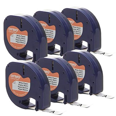 DYMO Authentic Lt Paper Labeling Tape for LetraTag Label Makers 12 12mm Black Print On White Tape 6Pack