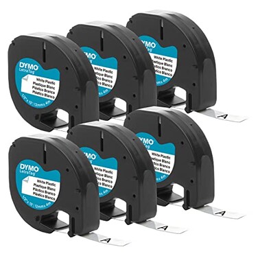 DYMO Authentic LT Plastic Labeling Tape for LetraTag Label Makers 12 12mm Black Print On White Tape 6Pack