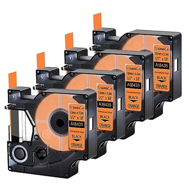 USUPERINK 4 Pack 12 Industrial Permanent Vinyl A18435 IND Wires Cables Labeling Compatible for Dymo 18435 Black on Orange 12mm x 55m Label Tape use in Rhino 3000 4200 5200 5000 6000 Label Maker
