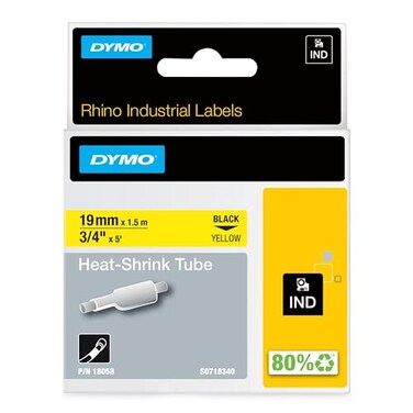 DYMO Rhino Industrial HeatShrink Cable Label Tubes 19 mm x 15 m Black Print on Yellow for Rhino Label Makers