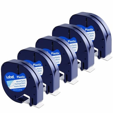 Label KINGDOM Compatible with Dymo LetraTag Label Maker Refills 91331 Plastic White Tape 12mm x 4m 12 x 13 for Labeler Letra Tag 200B LT 100T 100H Plus 5Pack Cartridges