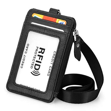 HAWEE Badge Holder with Zipper Genuine Leather RFID Keychain Wallet Neck Lanyards with Swivel Hook for CardCoinCash Black