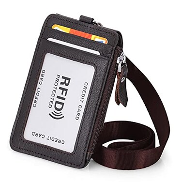 HAWEE Badge Holder with Zipper Genuine Leather RFID Keychain Wallet Neck Lanyards with Swivel Hook for CardCoinCash Coffee