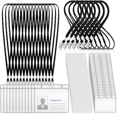 Tinlade 100 Set Plastic Name Badges with Lanyard Name Tag Reusable Lanyard with ID Holder Plastic Horizontal ID Badge Holder for Adults Kids Business SchoolBlack