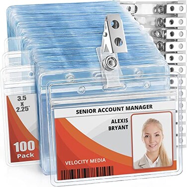 MifflinUSA Horizontal Plastic Card Holder with Metal Clip and Vinyl Straps Clear 35x225 Inch 100 Pack Waterproof PVC ID Name Badge Holder with Clip