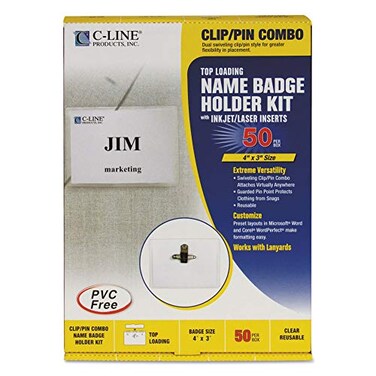 C-Line CLine ClipPin Combo Style Name Badge Holders with Inserts 4 x 3 Inches 50 per Box 95743