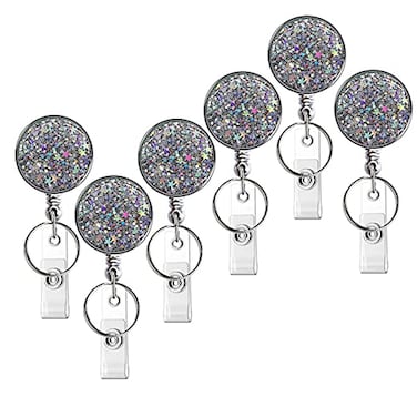 Boutilon Retractable Badge Holder Retractable Badge ReelsLightweight Plastic Badge Reel Card Holder with Key Ring Backing Belt Clip for NurseVolunteerTeacherStudentGlitter Silver 6pack