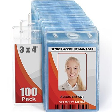 MifflinUSA Plastic Vertical Card Holder 3x4 Inch Clear Bulk 100 Pack Quick Load No Zipper Name ID Badge