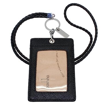 Boshiho Vertical Style Leather ID Card Badge Holder with Keychain Lanyard Black with Keychain