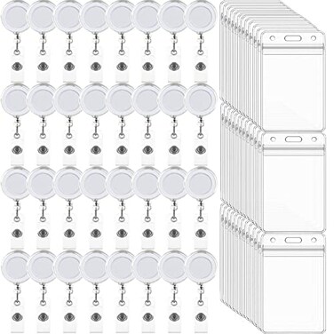 Beieverluck 100 Pack Retractable Badge Reel Clips with 100 Pack Vertical ID Card Holders Retractable Badge Holders with Clip ID Badge Clips with Name Card Holder for Nurses Office SchoolTransparent
