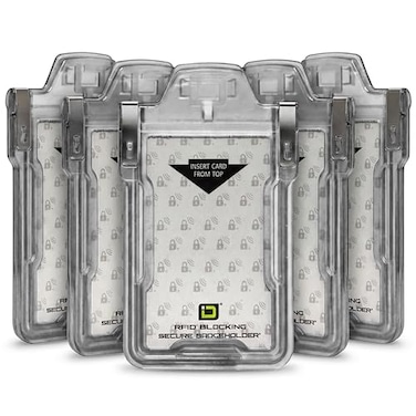ID Stronghold Identity Stronghold Pack of 5 Secure RFID Badge Holder for 1 Card Heavy Duty Hard Plastic ID Badge Holder USA Molded and Assembled FIPS 201 Approved RFID Blocking Security Clear