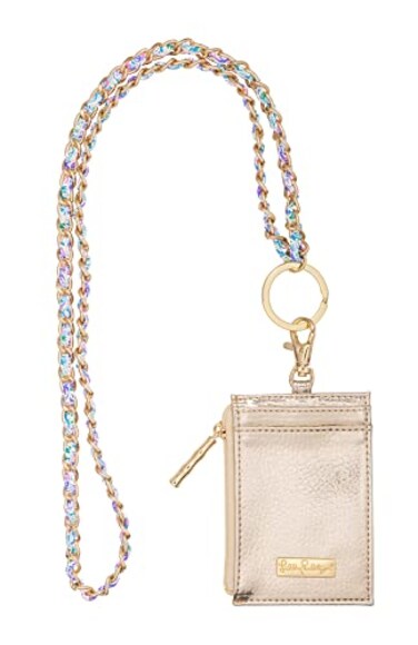 Lilly Pulitzer Lanyard with ID Holder Keychain Wallet for School or Office Gold Zipper Wallet Badge Holder with Clear Window and Card Slots Soleil It On Me