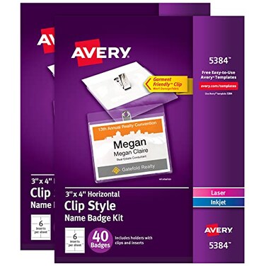 Avery Customizable Name Badge Clips 3 x 4 White 2 Packs 80 Printable Inserts and Badge Holders with Clips Total 21879