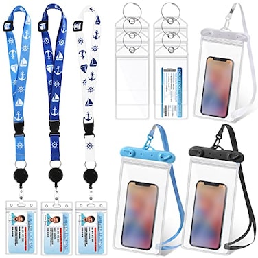 Teling 12 Pcs Cruise Accessories Kit Includes 3 Cruise Lanyards with Detachable Clear Badge Holder 6 Cruise Luggage Tag Holder with Metal Loop 6 Waterproof Phone Pouch Carnival Black Blue White