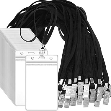 Marspark 100 Pcs Lanyards for ID Badges and 100 Pcs ID Card Holder Badges Waterproof Clear Plastic Resealable Vertical Name Tag Badge Flat Neck Lanyards with Clip for Nurses Teacher