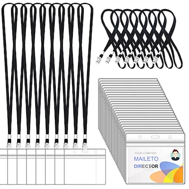 Maileto 100Pcs Lanyards for Id Badges and 100 Pcs Clear Plastic Horizontal Name Badge ID Card Holders Flat Neck Lanyards with Clip Waterproof Resealable Name Tag Badge ID Card Holders Black