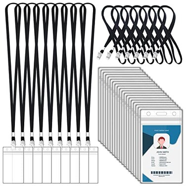 Maileto 100 Sets Lanyards for Id Badges and Clear Plastic Vertical Name Badge ID Card Holders Flat Neck Lanyards with Clip Waterproof Resealable Name Tag Badge ID Card Holders Black
