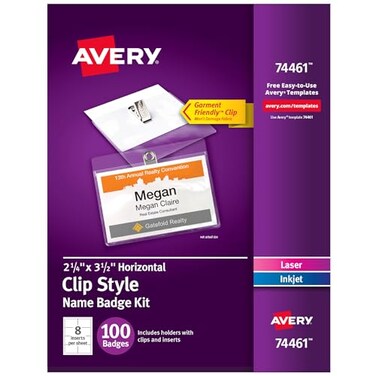 Avery Customizable Name Badges Clip Style 225 x 35 Clear Name Tag Holders White LaserInkjet Printable Inserts 100 Total 74461