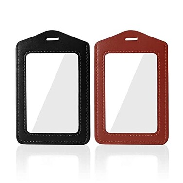 Larpur Pack of 2 Genuine Leather ID Badge Holders Vertical ID Card Holders with Clear ID Window Suit for Office Staff Students Employees