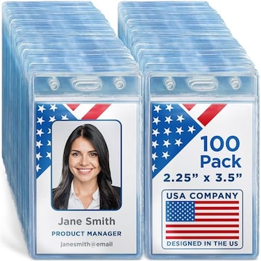 MifflinUSA Plastic Waterproof ID Badge Holders Clear 225x35 Inch 100 Pack Vertical Hanging Name Card Holder with Zipper Resealable Bulk Nametag Holders