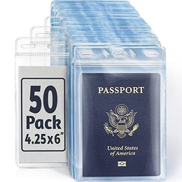 EcoEarth Passport Identification Card Holders with Soft Edge Clear 4x6 Inch 50 Pack Extra Large Vertical ID Holder Zipperless Plastic Name Badge Holders