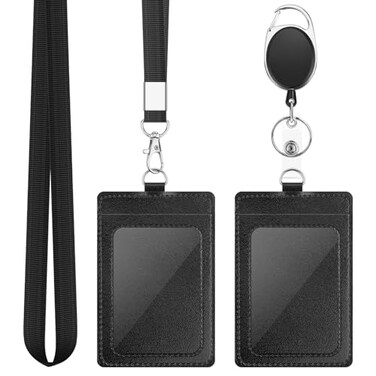 DUPENCD 2 Pack Badge Holders Vertical PU Leather ID Badge Card Holder with Detachable Neck Lanyard Strap and Retractable Badge Reel ID Card Holders Set Detachable Keychain Cruise Ship Cards Holder