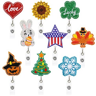 Whaline 9Pcs Fall Holiday Badge Reels Embroidered Retractable Felt Nurse Badge Holder Name ID Card with Alligator Clip for Valentines St Patricks Easter Spring Independence Fall Thanksgiving Halloween