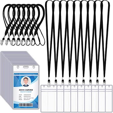 Marspark 200 Pcs ID Badge Holder with Lanyard Lanyards for ID Badges Resealable Flat Neck Name Tag with Clip Waterproof Plastic Clear Badges Bulk for School Office Supplies Black