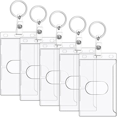 Marspark 5 Pack Keychain Card Holder Plastic Heavy Duty Badge Holder Vertical Clear ID Card Holder with Keyring Rigid Fuel Card Protector with Thumb Slot Secure Credit Card Protector Case