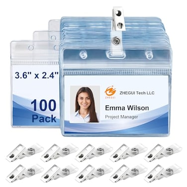 ZHEGUI 100 Pack Horizontal ID Badge Holder with Clip Waterproof PVC Transparent Name Tag Holder with Sealed Zipper Plastic ID Card Holders for Offices Schools Conferences Trade Shows and Events