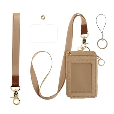 Mondo Designs 2in1 ID Badge Holder Lanyard Wallet MultiUse Womens Small Wallet with Removable Wristlet Neck Lanyard Clear Window 5 Card Slots Phone Holder Ring Keychain Taupe