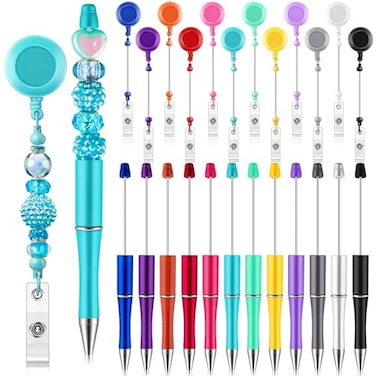 Sayglossy 24 Pcs DIY Beadable Kit Include 12 Beadable Ballpoint Pen Black Ink 12 Bead DIY Badge Reel Retractable ID Name with Belt Clip Holder for Nurse Teacher Making Gift Office School Supplies