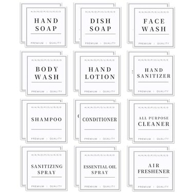 TESWEY 24 PCS White Waterproof Labels for Bottles Shampoo and Conditioner Dispenser Label Stickers Bathroom Hand Soap Label StickersRemovable Cleaning Labels for GlassPlastic Spray Bottle