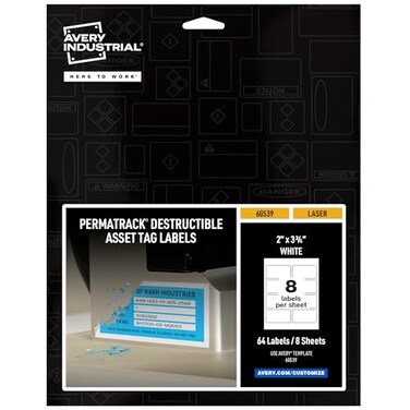 Avery White Asset Tag Labels 334 x 2 Destructible Laser Printable Tags 64 Waterproof Labels 60539