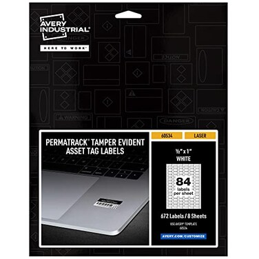 Avery White Asset Tag Labels 12 x 1 TamperEvident Laser Printable Tags 672 Waterproof Labels 60534