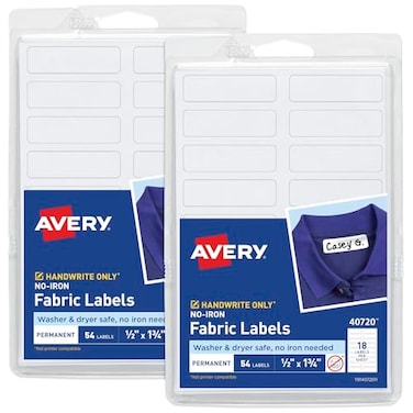 Avery NoIron Fabric Labels 12 x 134 Washer and DryerSafe White NonPrintable 54 Labels Per Pack 108 Total 2Pack of 40720
