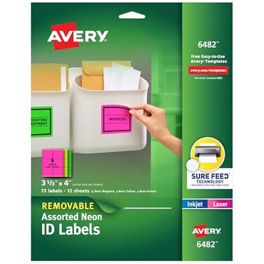Avery Printable Labels with Sure Feed 313 x 4 Assorted Neon Colors Green Magenta and Yellow Removable Adhesive Laser Inkjet Compatible 72 Blank Labels Total 6482