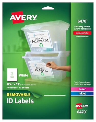 Avery White Removable Multipurpose Labels 85 x 11 Inches White Pack of 10 06470