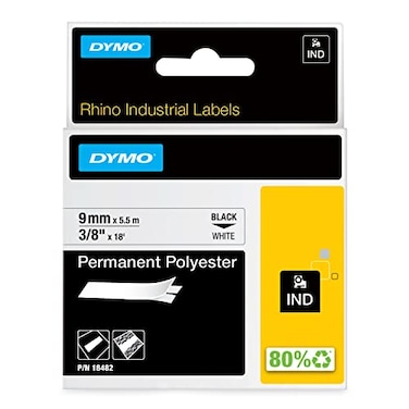 DYMO Rhino Industrial Permanent Polyester Labels 38 Black Print on White Tape