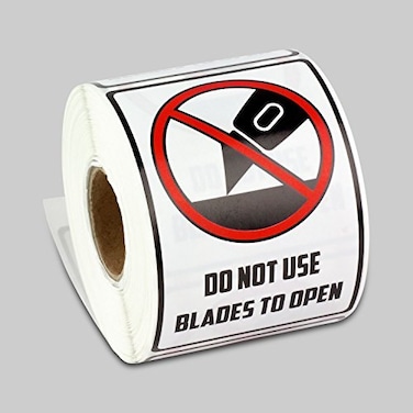 TUCO DEALS 1500 Do Not Use Blades to Open Stickers 2 x 3 inch Do Not Use Sharp Obects Labels Warning Instruction with Strong Adhesive 5 Packs of 300 Labels