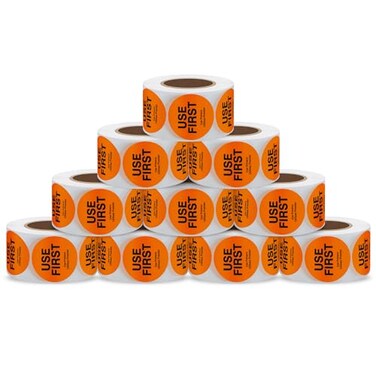 Aleplay 15 Inch USE First Stickers Food Service Inventory Control Labels Trilingual Product Labels Orange 500 Stickers Per Roll 10 Rolls