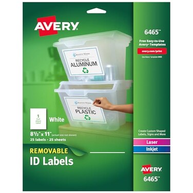 Avery SelfAdhesive Removable Laser Id Labels White 85 x 11 inches 25 per Pack 6465